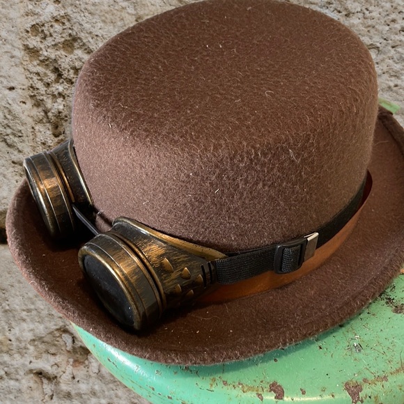 Steam Punk felt hat with goggles brown one size Halloween or concert - Picture 2 of 6